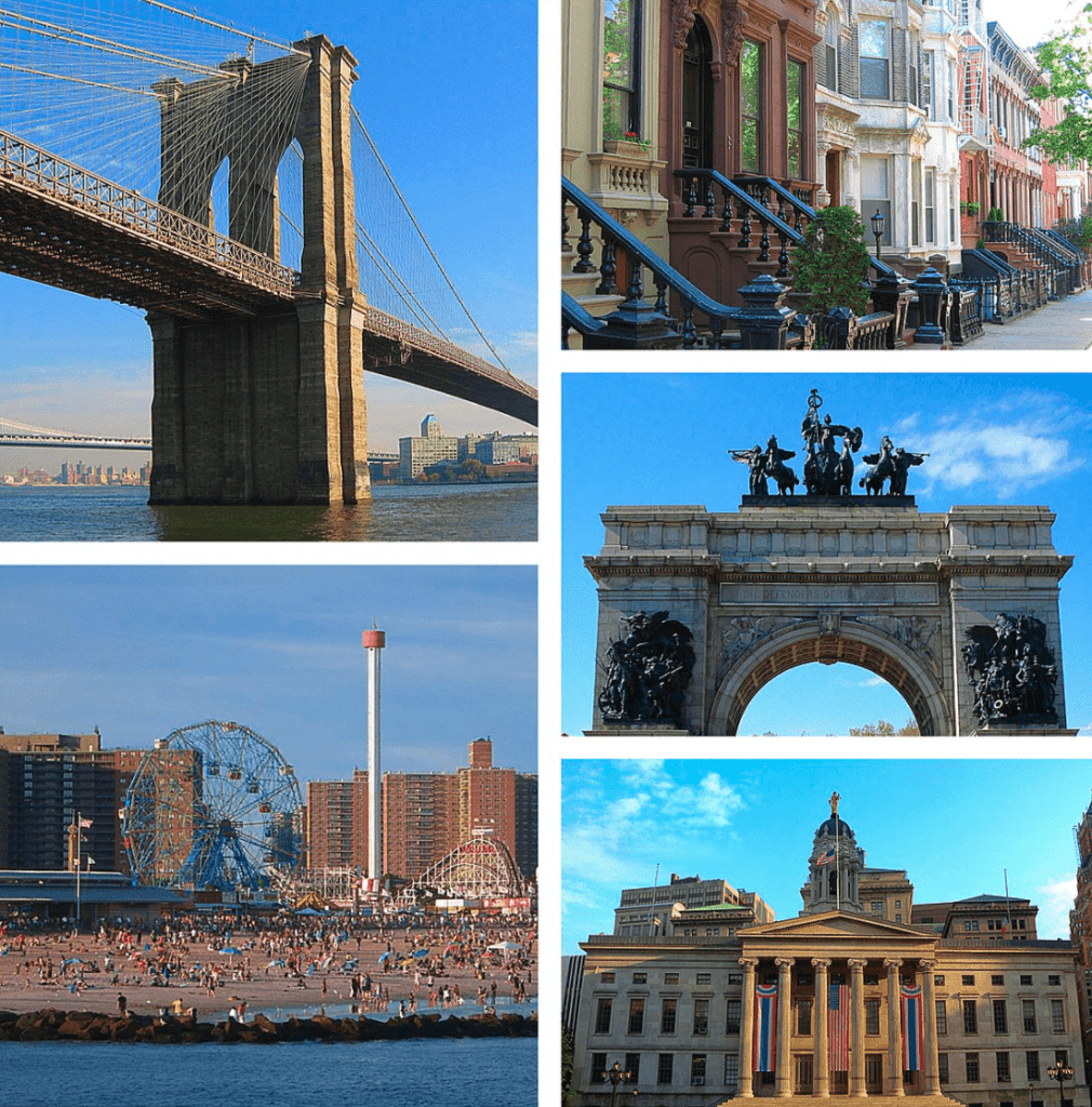 Brooklyn Bridge, Brooklyn brownstones, Soldiers' and Sailors' Arch, Brooklyn Borough Hall, Coney Island