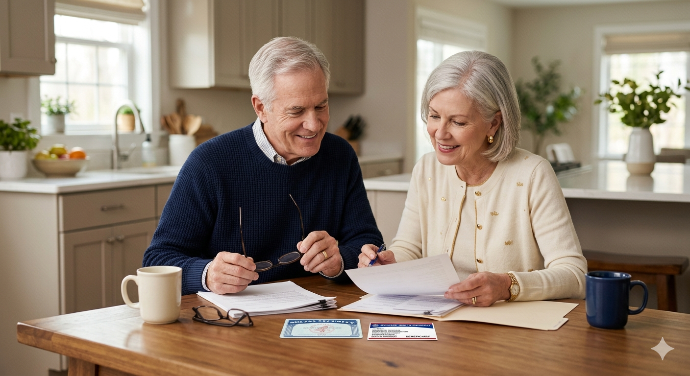 Senior couple reviewing Medicare and Social Security documents — Craig Smith Insurance Group New York