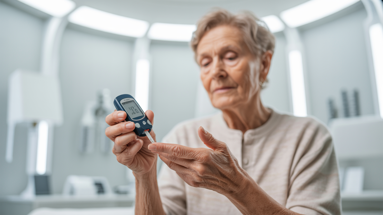 Senior woman checking blood glucose with glucometer — Medicare diabetes coverage 2026