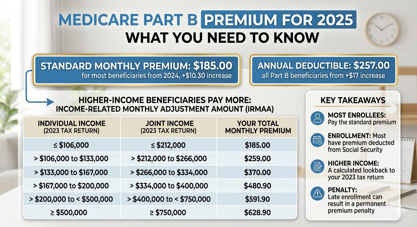 Chart showing 2025 Medicare Part B premiums and IRMAA income brackets