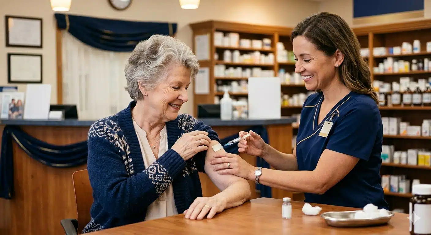 Senior woman receiving shingles vaccine at pharmacy covered by Medicare Part D — Craig Smith Insurance Group