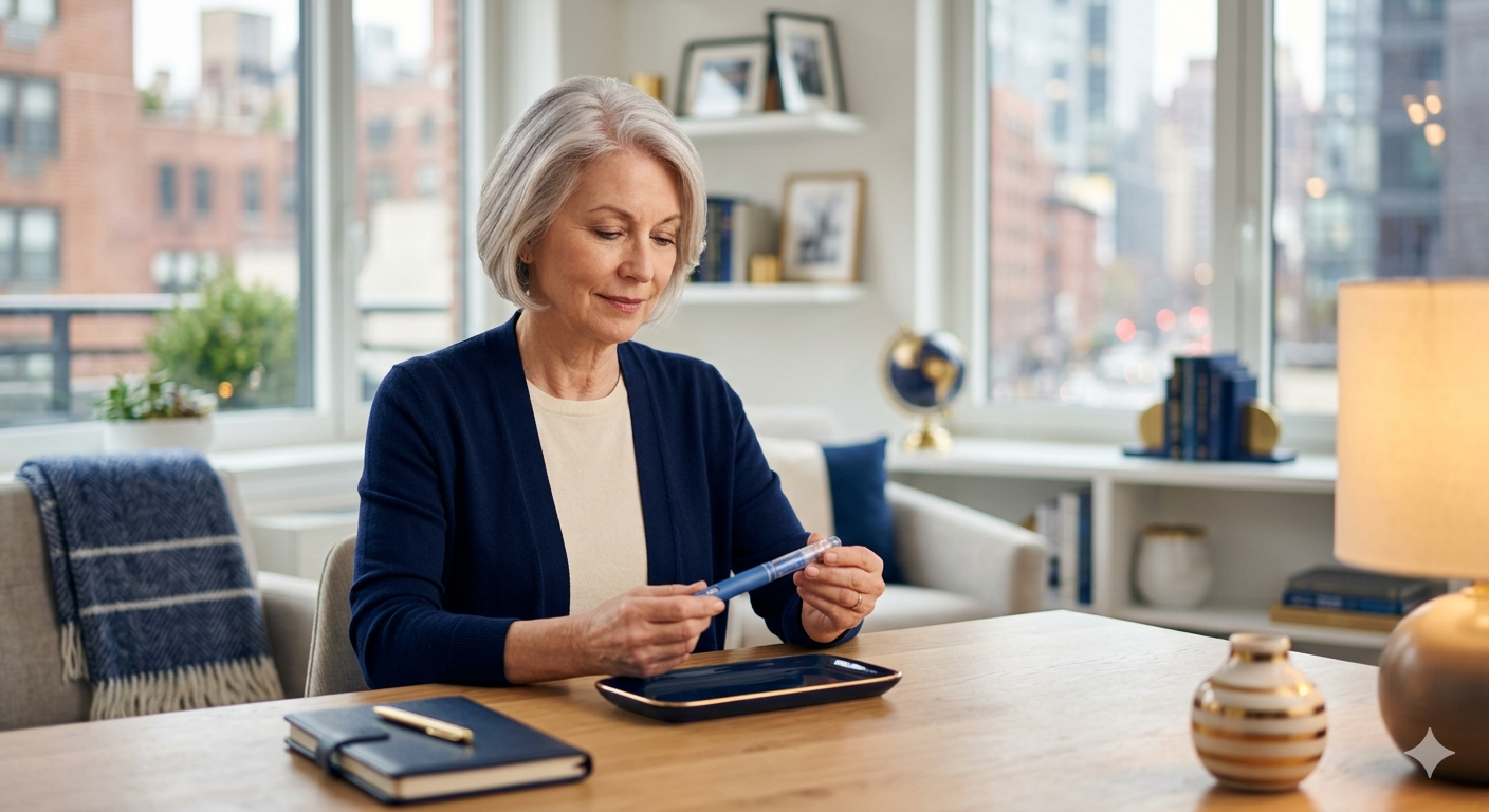 Senior woman preparing weekly injection medication covered by Medicare GLP-1 Bridge program — Craig Smith Insurance Group