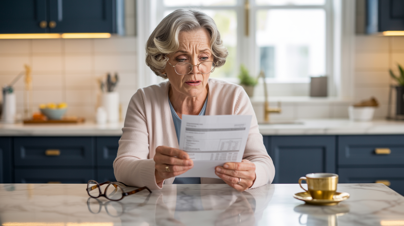 Professional photo of a concerned senior man or woman looking at a medical bill with a surprised expression, clean modern home setting, warm lighting, navy and gold accents
