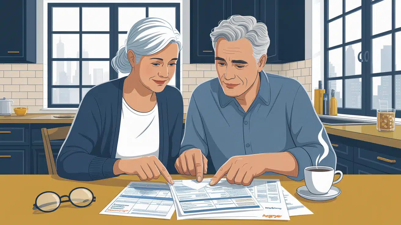 Senior couple comparing Medicare Advantage plan documents at kitchen table in New York