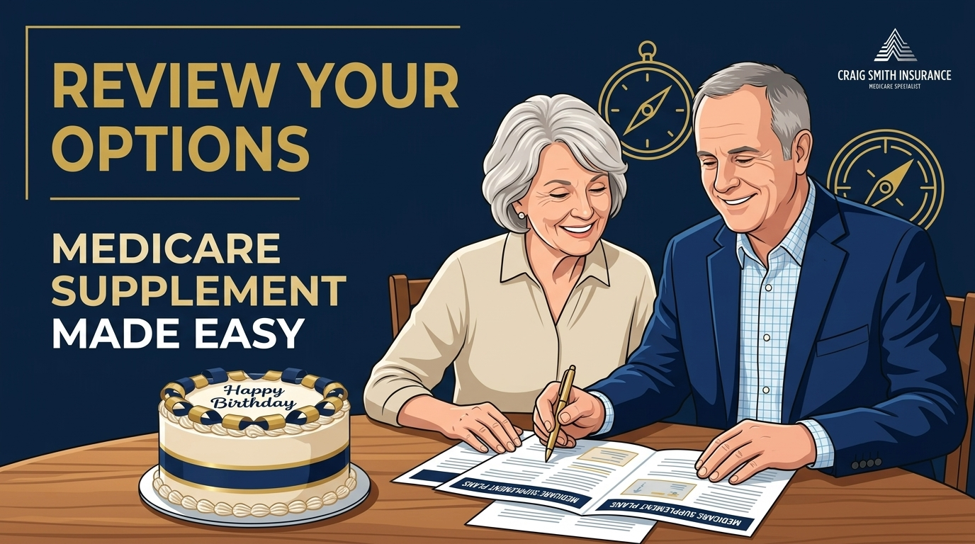 Senior couple reviewing Medicare Supplement Birthday Rule options