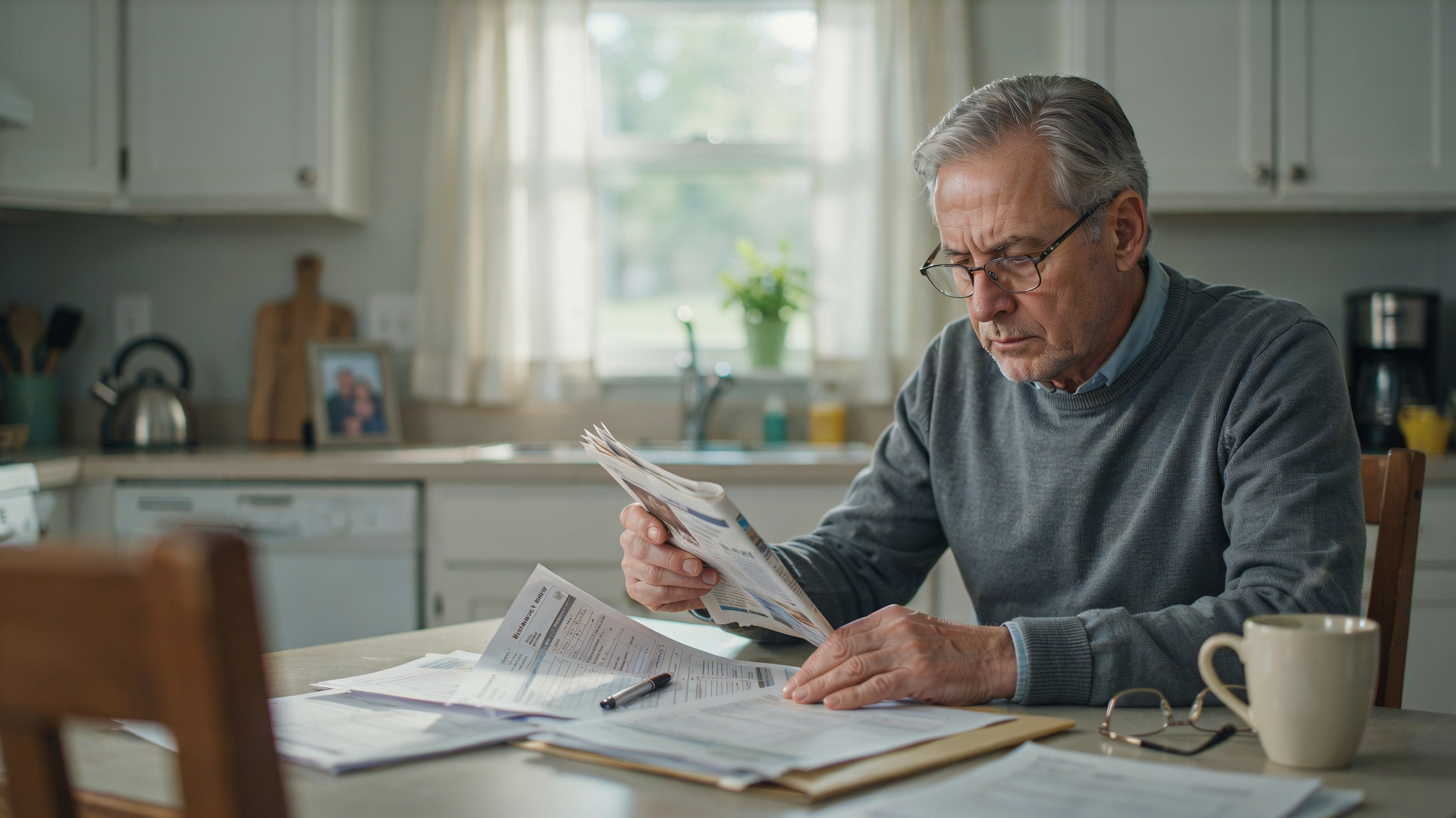 Senior man reading Medicare documents with concerned expression at kitchen table
