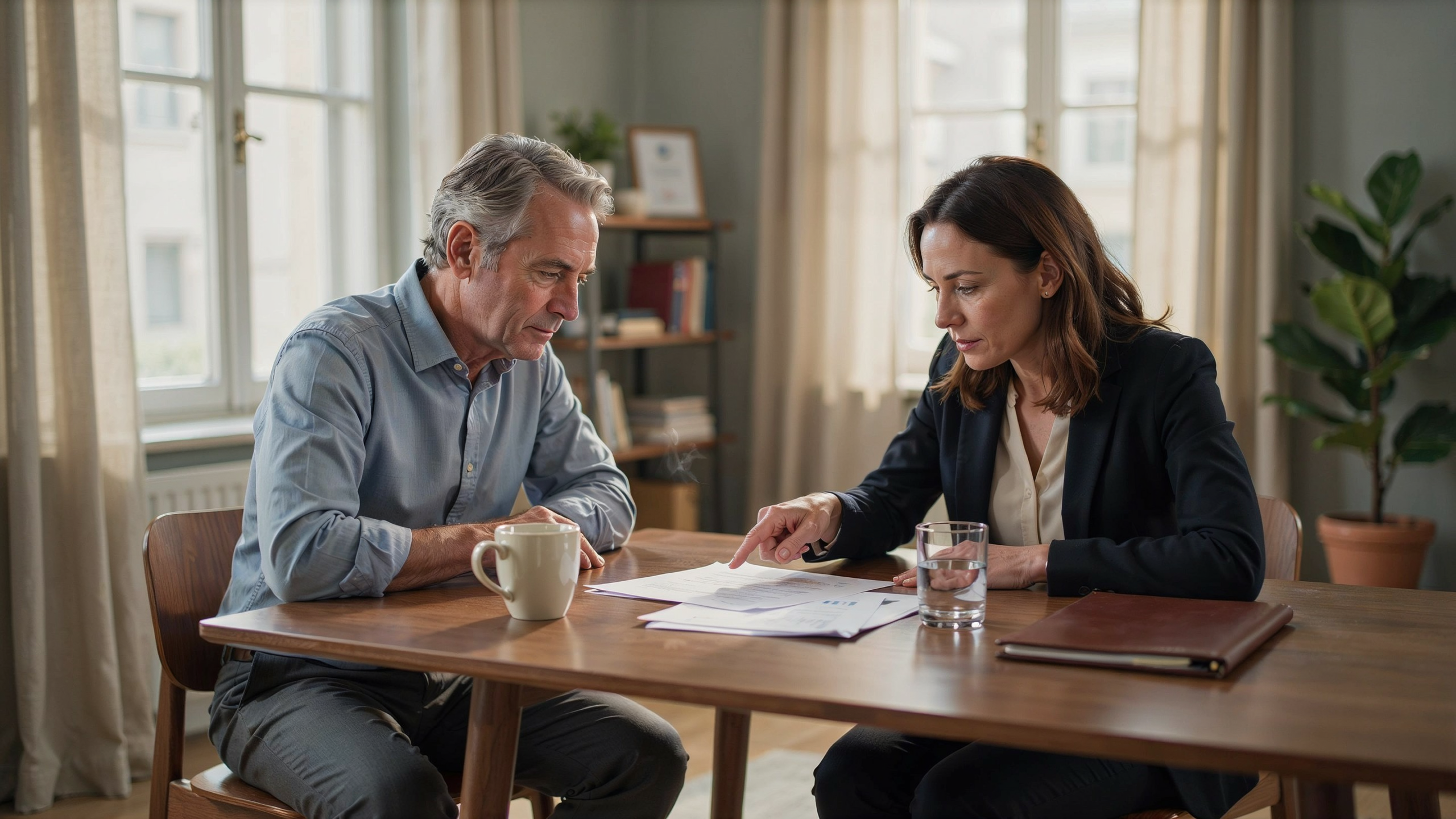 Senior man meeting with Medicare insurance advisor reviewing plan documents