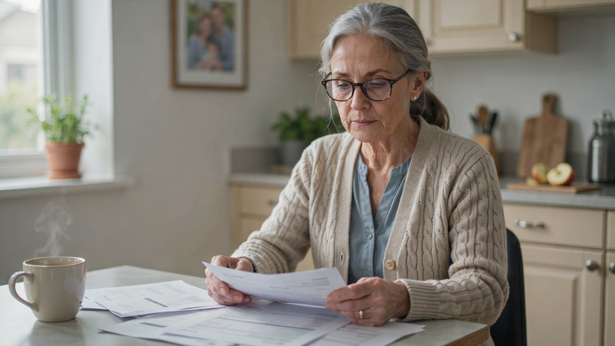 Senior woman reviewing Medicare Advantage plan documents at kitchen table