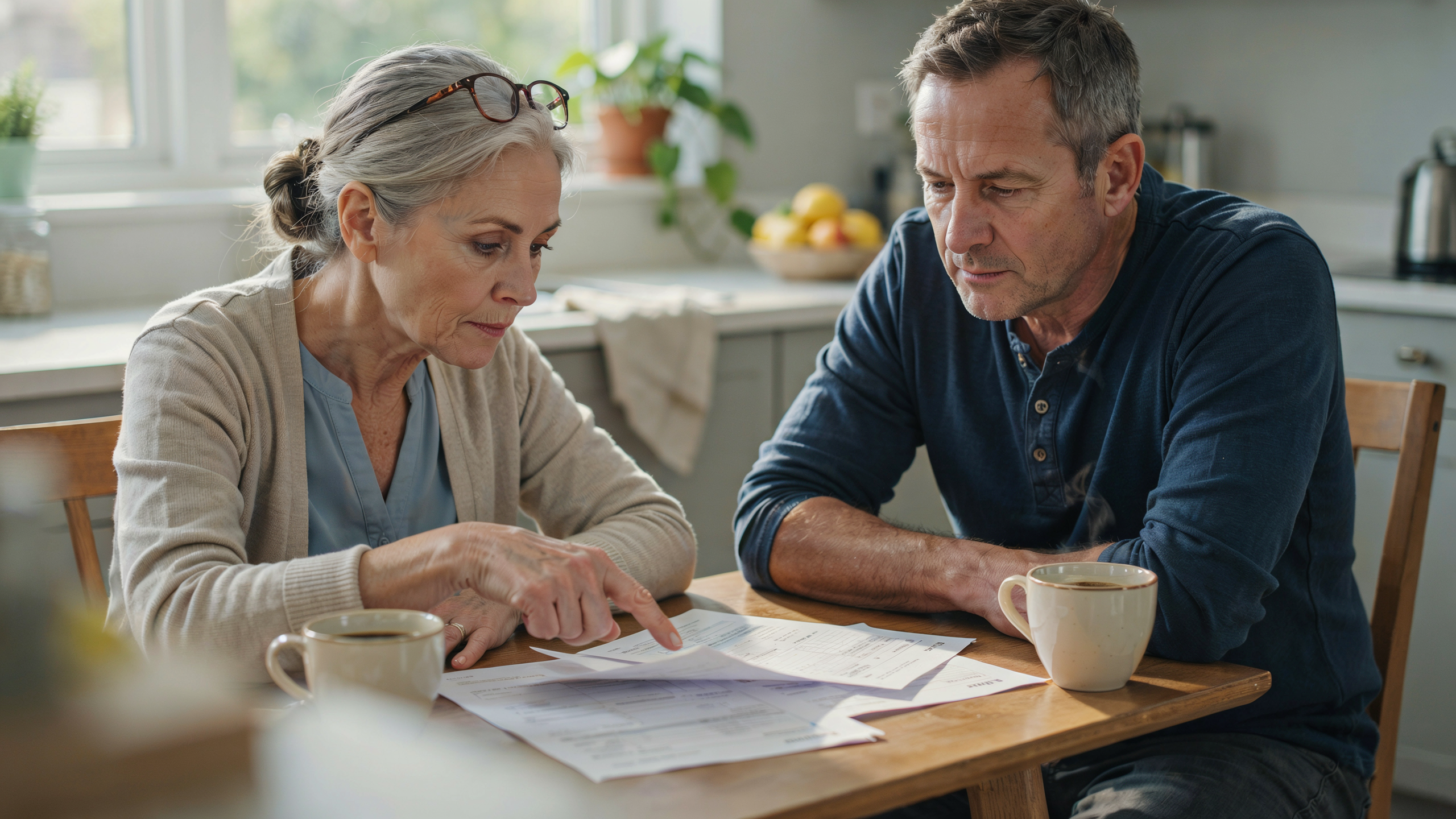 Senior couple reviewing Medicare Advantage plan documents at kitchen table