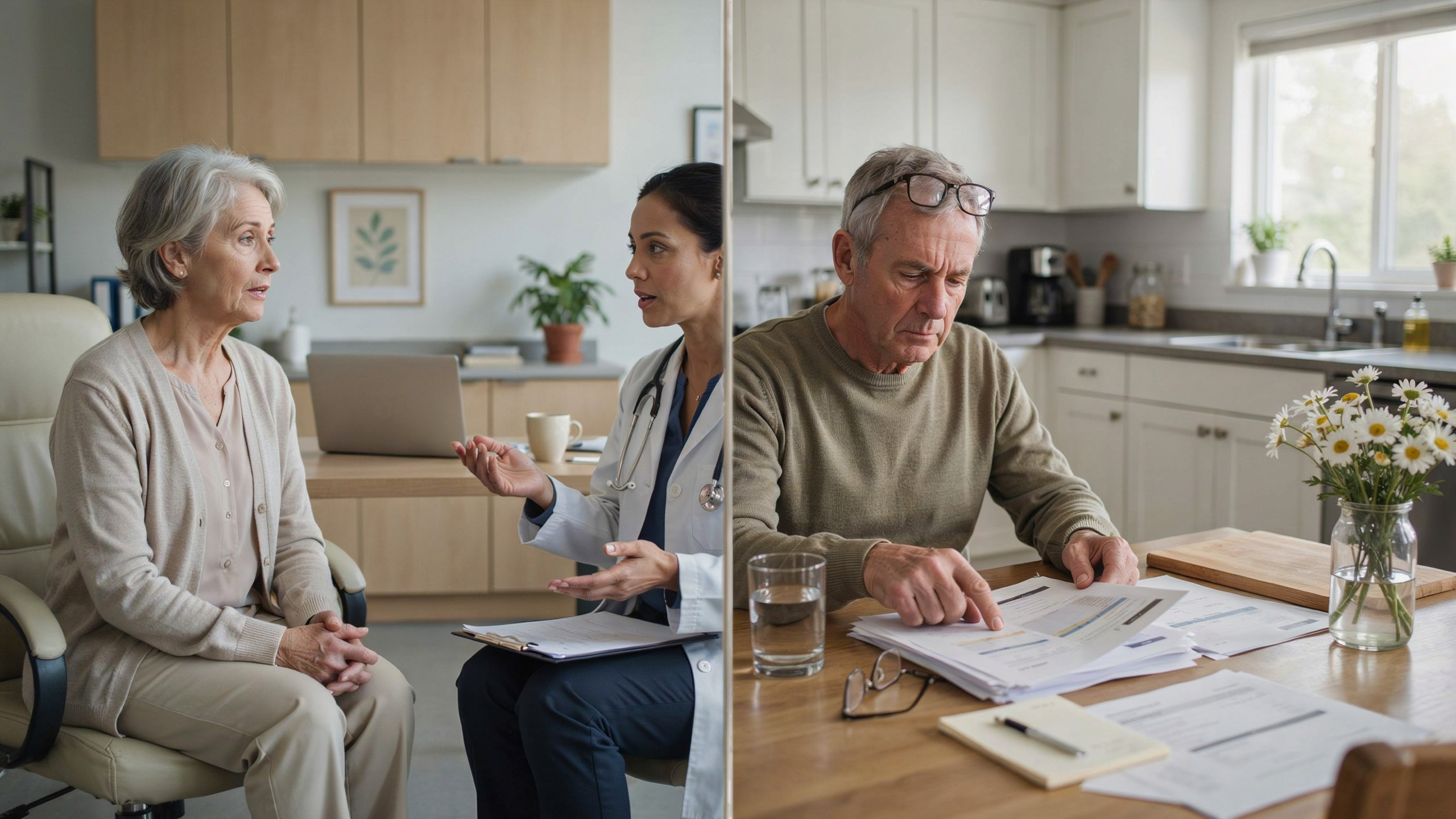 Split scene comparing doctor visit under Original Medicare and reviewing Medicare Advantage plan documents at home